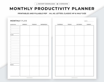 Planificateur de productivité mensuel imprimable, planificateur mensuel, aperçu mensuel, tâches mensuelles, calendrier mensuel, A4/A5/Lettre/HP Classic/Half.