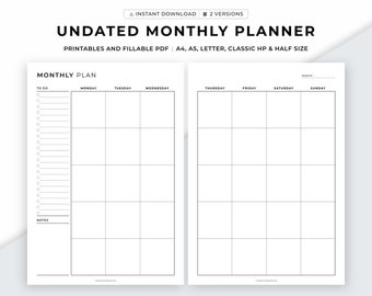 Planificateur mensuel imprimable non daté, planificateur de productivité imprimable, liste mensuelle de tâches, calendrier mensuel, organisateur mensuel, aperçu mensuel