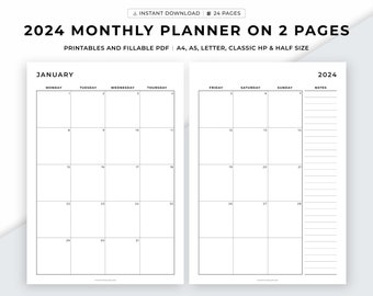 2024 Monthly Planner Printable, Dated Month on 2 Pages, 2024 Calendar, Month at a Glance, Productivity Planner, A4/A5/Letter/Classic HP/Half