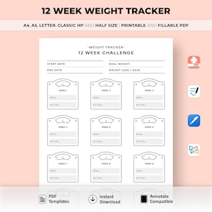 May include: Printable 12-week weight tracker featuring a scale design. The tracker includes sections for start date, end date, goal weight, weight loss or gain, and weekly goals and actual weight.