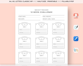 12 Week Weight Tracker Printable, 12 Week Challenge, Weight Loss Tracker, Weight Goal Progress, Weight Loss Journal, Fitness Planner
