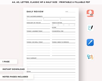 Daily Review Printable, Daily Reflection, Printable Daily Review, Improvement, Planner Insert, Printable PDF, A4/A5/Letter/Classic/Half size