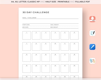 May include: A printable 30-day challenge tracker with a black and white design. The tracker has 30 boxes for each day of the month, with space to write in a goal, start date, end date, and goal weight.