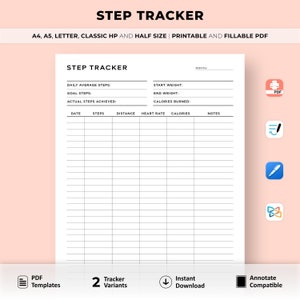 Afdrukbare maandelijkse stappentracker, stappenlogboeksjabloon, wandeldagboek, trainingslogboek, gezondheids- en fitnessplanner, A5-bijvoegsel, pdf-bestand direct downloaden
