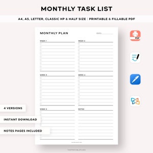 Monthly Task List, Monthly Planner Printable, To Do List Template, Productivity Planner, A4/A5/Letter/Classic HP/Half, Instant Download PDF