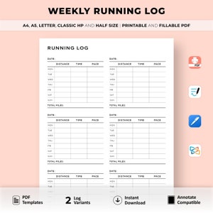 Registro de carrera semanal imprimible, registro de carrera, diario de carrera, registro de entrenamiento cardiovascular, objetivo de fitness, A4/A5/carta/HP/media, planificador Goodnotes
