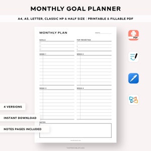 Planificador de objetivos mensuales imprimible, plantilla de lista de tareas pendientes, lista de tareas, organizador mensual, tamaño A4/A5/carta/clásico/medio, Goodnotes PDF