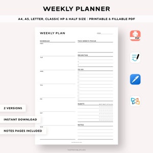 Weekly Planner Printable, Weekly Agenda, Weekly Schedule Organizer, Productivity Planner, Week At a Glance, To Do List, A4/A5/Classic/Letter