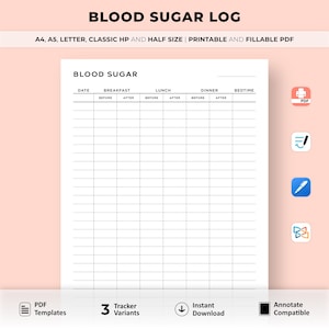 Registro de azúcar en sangre imprimible, registro de azúcar en sangre, diario de glucosa en sangre, control de diabetes gestacional, planificador de diabetes, registro de diabetes