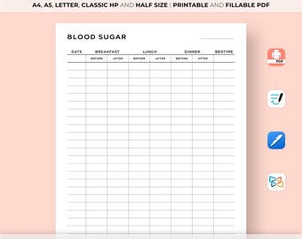 Blood Sugar Log Printable, Diabetes Tracker (PDF)