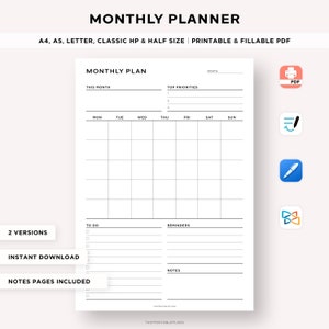 Planificador mensual sin fecha para imprimir, organizador mensual, resumen del mes, planificador de productividad, calendario mensual, cronograma mensual, Goodnotes