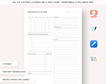 May include: A printable monthly planner with sections for goals, priorities, to-do list, bills to pay, and notes. The planner is designed in a minimalist style with black text on a white background.