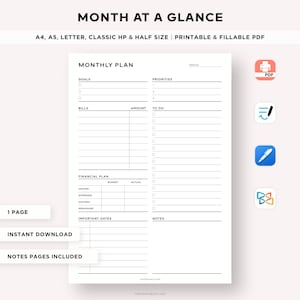 Vistazo al mes, planificador mensual imprimible, planificador de objetivos, lista de tareas pendientes, lista de verificación de tareas, seguimiento de finanzas y facturas, A4/A5/carta/clásico/medio