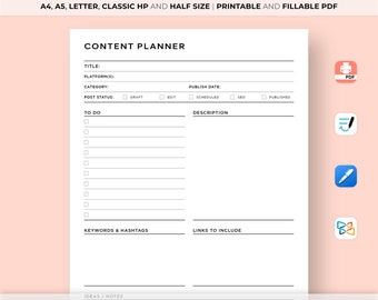 Social Media Content Planner, Blog Post Marketing, Content Planner for Instagram, Youtube, Pinterest, TikTok, Blog, A4/A5/HP/Letter/Half