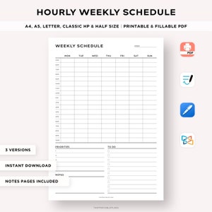 Horario semanal por horas, planificador semanal imprimible, agenda semanal, planificador de productividad, lista de tareas pendientes, rastreador de hábitos, A4/A5/carta/clásico/medio