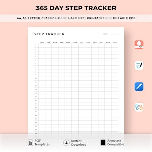 Rastreador de pasos de 365 días imprimible, rastreador de caminatas, registro de caminatas, registro de pasos diarios, planificador de salud y actividad física, tamaño A4/A5/clásico/carta/medio