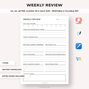 Revisión semanal imprimible, reflexión semanal, evaluación semanal, resumen semanal, plantilla de inserción imprimible, tamaño A4/A5/carta/HP clásico/medio