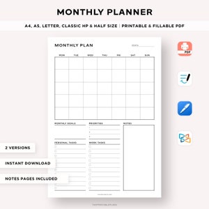 Planificador de trabajo mensual imprimible, agenda mensual, resumen del mes, planificador de objetivos, planificador de oficina, planificador de productividad, tamaño A4/A5/carta/HP/media página
