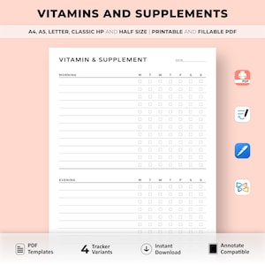 Afdrukbare dagelijkse vitamine-tracker, checklist voor supplementen, vitamine-inname, medicatielogboek, fitness- en gezondheidsplanner, A4/A5/Letter/Classic/Half