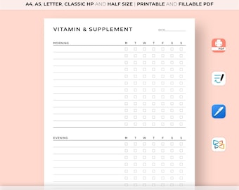 Täglicher Vitamin Tracker zum Ausdrucken, Checkliste für Nahrungsergänzungsmittel, Vitamineinnahme, Medikationstagebuch, Fitness- und Gesundheitsplaner, A4/A5/Letter/Classic/Half