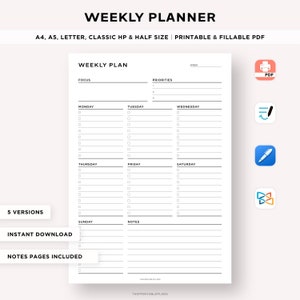 Weekly Planner Printable, Weekly Organizer, Weekly To Do List, Week at a Glance, Weekly Schedule, Productivity planner, A4/A5/Classic/Letter