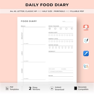 Daily Food Diary Printable, Food Journal, Meal Planner, Vitamin Intake, Workout Planner, Fitness and Health, Calorie Tracker, A5 Inserts