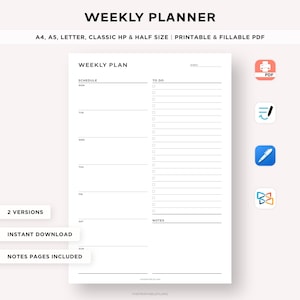 Planificador semanal simple, lista de tareas semanales, agenda semanal, resumen de la semana, cronograma semanal, imprimible y rellenable, A4/A5/carta/clásico/medio
