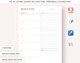 Simple Weekly Planner, Weekly To Do List, Weekly Agenda, Week at a Glance, Weekly Schedule, Printable & Fillable, A4/A5/Letter/Classic/Half