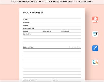 Book review template printable, Reading Review page, Reading review sheet, Digital Printable Book Review PDF, Book review journal, A5 Insert