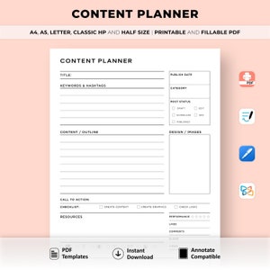 Op de afbeelding: Een witte, afdrukbare contentplanner met de titel "CONTENT PLANNER". De planner bevat secties voor titel, zoekwoorden, overzicht, publicatiedatum, poststatus, ontwerp, checklist en bronnen. De tekst bovenaan luidt "A4, A5, LETTER, CLASSIC HP AND HALF SIZE | PRINTABLE AND FILLABLE PDF."