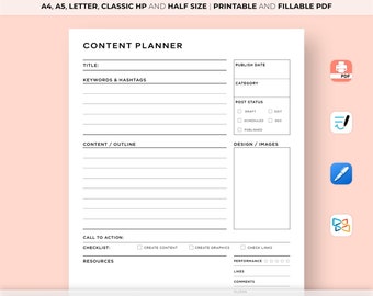 Social Media Content Planner, Blog Post Marketing, Content Planner for Instagram, Youtube, Pinterest, TikTok, Blog, A4/A5/HP/Letter/Half
