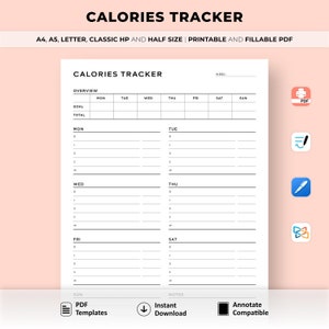 Afdrukbaar calorietracker, calorieëndagboek, dagelijkse/wekelijkse calorieënteller, dieetplanner, wellnessplanner, A4/A5/Letter/Klassiek HP/half formaat