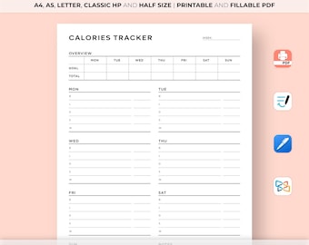 Calorie Tracker Printable, Calories Journal, Daily Weekly Calorie Counter, Diet Planner, Wellness Planner, A4/A5/Letter/Classic HP/Half Size