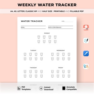 Wekelijkse watertracker afdrukbaar, wateruitdaging 7 dagen, waterlogboek, dagelijkse hydratatietracker, wateropname, A4/A5/Letter/Classic HP/half formaat