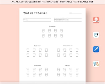 Weekly Water Tracker Printable, 7 Day Water Challenge, Water Log, Daily Hydration Tracker, Water İntake, A4/A5/Letter/Classic HP/Half Size