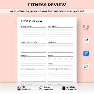 Revisión de fitness imprimible, reflexión sobre fitness imprimible, seguimiento de salud, diario de fitness, A4/A5/carta/tamaño clásico HP/medio, descarga instantánea