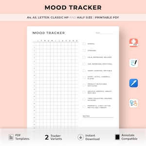 Afdrukbaar stemmingstracker, stemmingsdagboek, gevoelenstracker, emotietracker, stemmingsgrafiek, wellnessplanner, A4/A5/Letter/HP/Half, Goodnotes