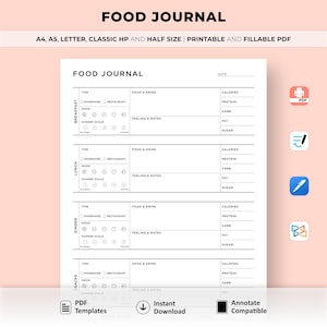 Afdrukbaar voedingsdagboek, dagelijks voedingsdagboek afdrukbaar, dagelijks voedingsdagboek, dagelijks calorieën tellen, voedingsdagboek, calorieën tellen, Goodnotes-planner