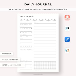 Puede incluir: Planificador de diario diario imprimible con un calendario, secciones para el clima, el estado de ánimo, el seguimiento del sueño, las comidas y un registro de gratitud. El diario también incluye una sección para el acto de cuidado personal de hoy y una página de notas cuadriculada.
