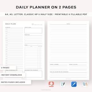 Op de afbeelding: Een printbare dagelijkse planner met twee pagina's. De linkerpagina heeft een schema, het doel van vandaag, prioriteiten, een to-do-lijst, herinneringen voor morgen en een sectie voor dankbaarheid. De rechterpagina heeft een sectie voor notities, dingen die geleerd zijn, dingen die goed gedaan zijn en hoe je morgen beter kunt zijn.
