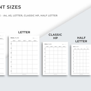 Op de afbeelding: Witte maaltijdplan sjablonen in vijf verschillende formaten: A4, A5, Letter, Classic HP en Half Letter. Elke sjabloon heeft een rasterindeling voor wekelijkse maaltijdplanning, met ruimte voor elke dag van de week. De tekst "MEAL PLAN" staat bovenaan elk vel.