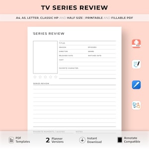 TV Series Review Page Printable, Series Review, Television show log, TV show planner, Film Tracker, A4/A5/Letter/Classic HP/Half Size