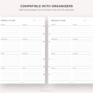 May include: Printable weekly planner pages with a black and white design. The pages are divided into sections for each day of the week, with space for notes. The pages are designed to be compatible with organizers.