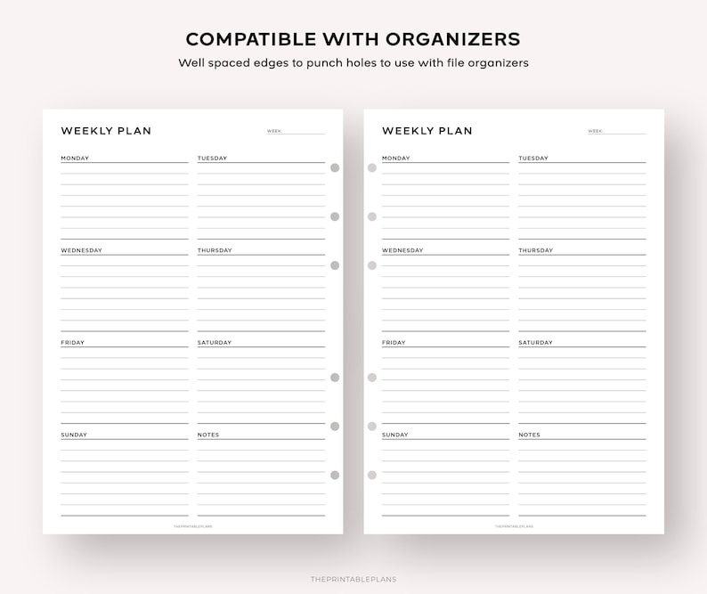 May include: Printable weekly planner pages with a black and white design. The pages are divided into sections for each day of the week, with space for notes. The pages are designed to be compatible with organizers.