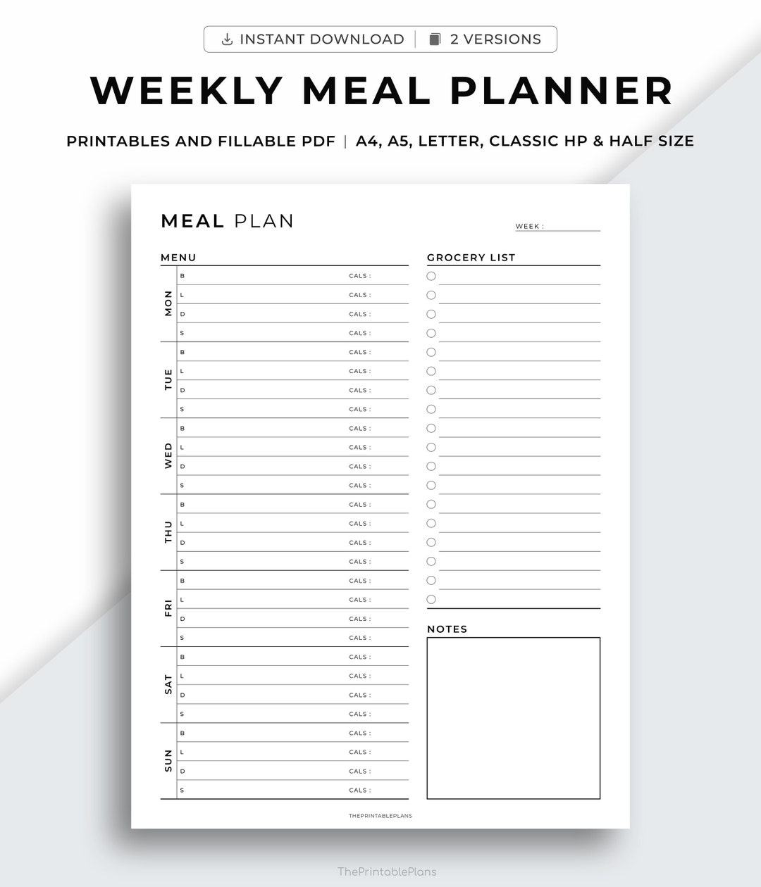 Weekly Meal Planner Printable, Grocery List, Weekly Food Diary ...