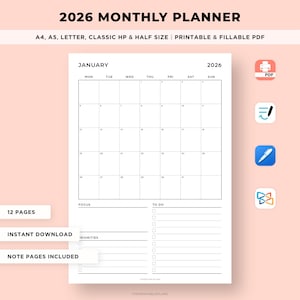 May include: A white 2026 monthly planner featuring a January calendar, a to-do list, and space for priorities. The planner includes the text "2026 MONTHLY PLANNER" and "PRINTABLE & FILLABLE PDF".