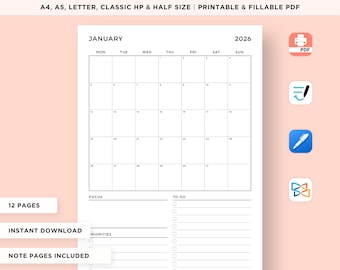 2026 Monthly Planner Printable, 2026 Calendar, Month at a Glance, Monthly Organizer, Productivity Planner, A4/A5/Letter/Classic/Half