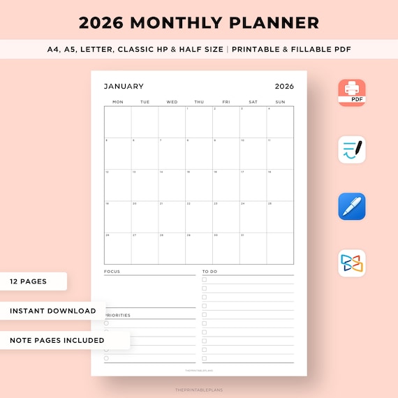 2026 Monthly Planner Printable, 2026 Calendar, Month at a Glance, Monthly Organizer, Productivity Planner, A4/A5/Letter/Classic/Half