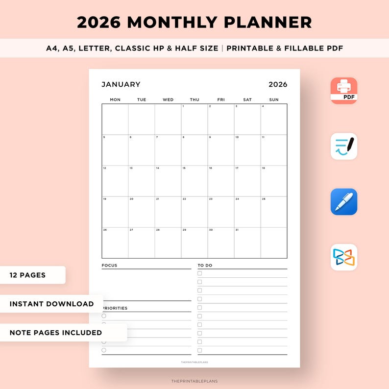 May include: A white 2026 monthly planner featuring a January calendar, a to-do list, and space for priorities. The planner includes the text "2026 MONTHLY PLANNER" and "PRINTABLE & FILLABLE PDF".