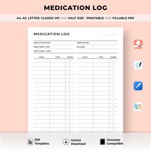 Simple Medication Tracker Printable, Medication Log, Medication Reminder, Medicine & Supplement Tracker, Medication Schedule, A4/Letter Size